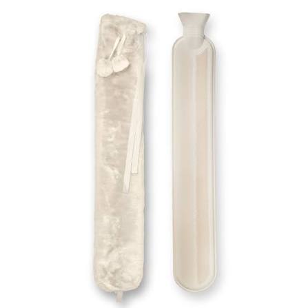 Extra-long hot water bottle with soft cream cover and bottle shown side by side